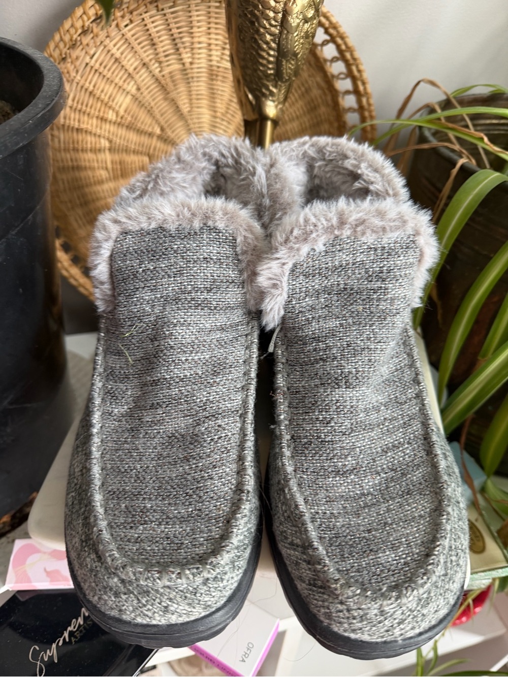 HEYDUDE Denny Faux Fur Trim Knit Slipper Bootie Gray 8